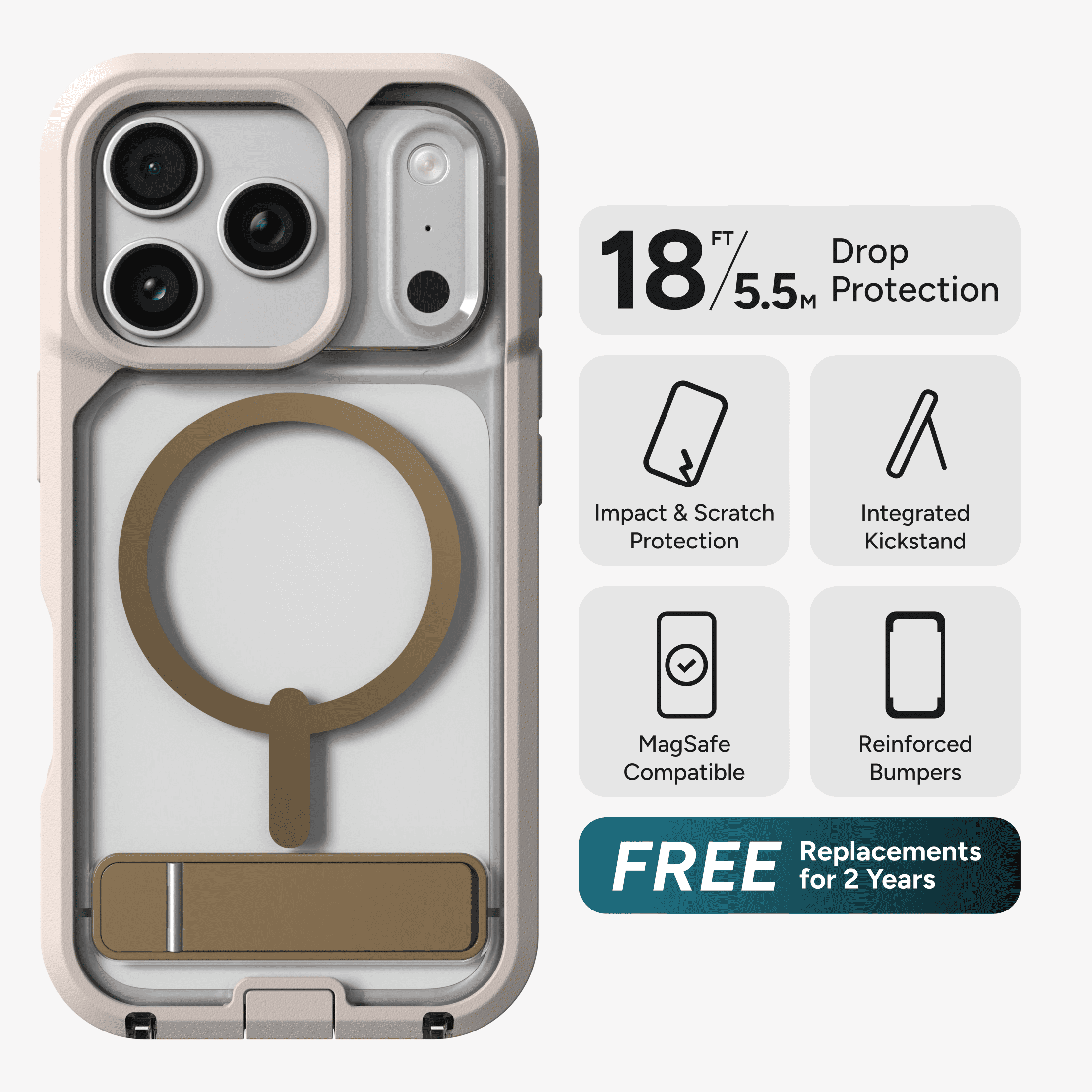 ZAGG Rugged Case - Apple iPhone 18 Pro & 17 Pro Case with MagSafe and Built-In Kickstand – Clear/Sandstone