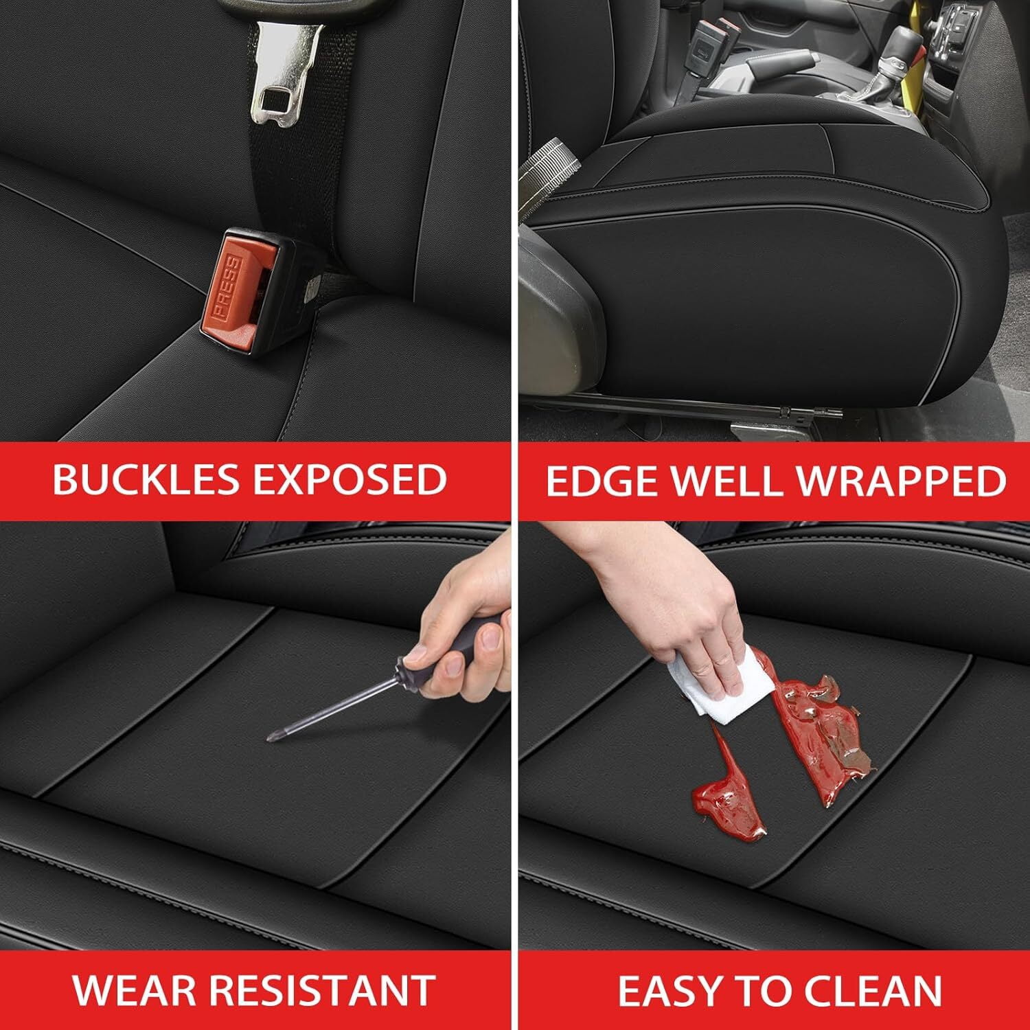 IKABEVEM Custom Fit Seat Covers for Jeep Wrangler YJ 1991-1995 Waterproof Leather Car Seats Cover Full Set（Black）