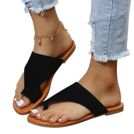 

Women Thongs Slippers Casual Orthopedic Sandals PU Flat Heel Slide Shoes 38 Black