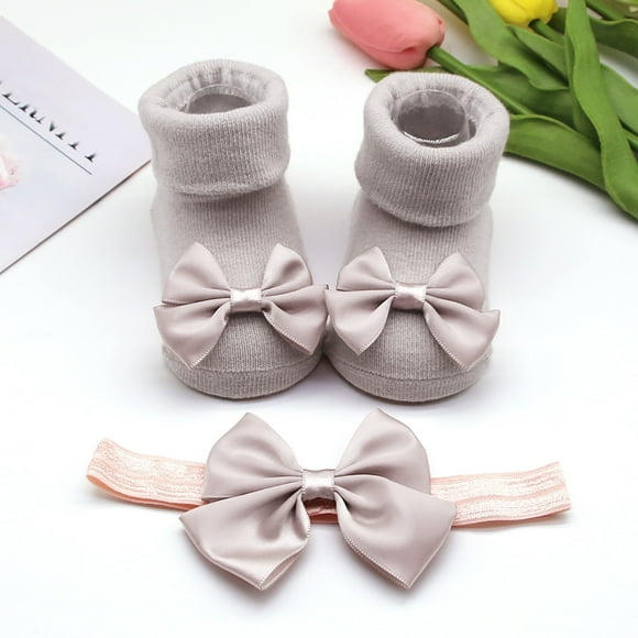 Baby Toddler Soft Sole Shoes with Non- Bottom and Matching Bow Hairband for and Children