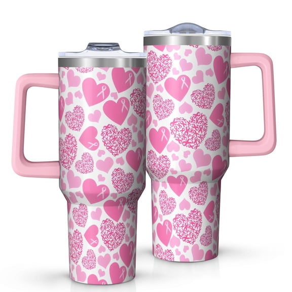 Pink Breast Cancer and Love Tumbler with Handle and Lid,40oz Double Wall Vacuum Insulated Tumbler,Cups Gift for Women and Men