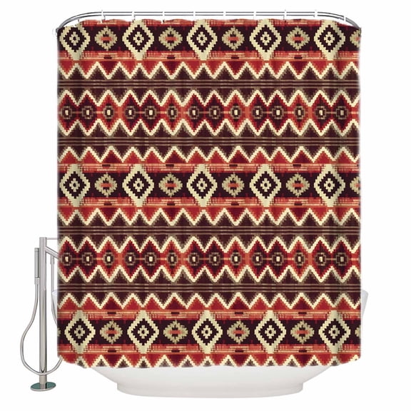 Extra Long Shower Curtain 72x84 Inch, Red Brown Geometric Shower Curtain Waterproof Bathroom Decor Ethnic Southwest Country Fabric Bath Curtain Set Accessories with Hooks
