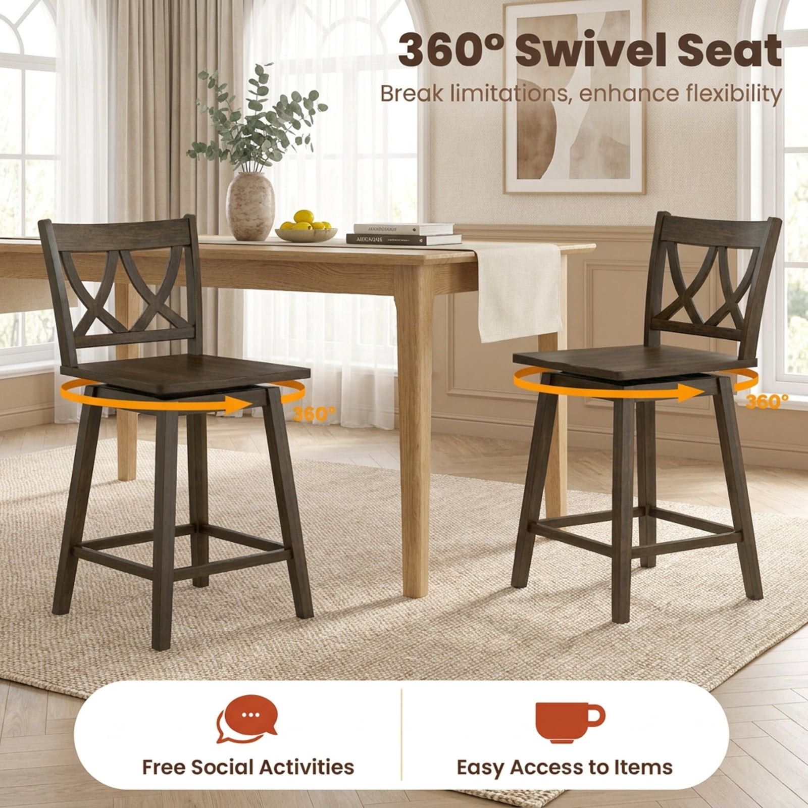 Furnibear 24/29 Inch Bar Stool Set of 2 Wooden Bar Chairs with Rubber Wood Frame-24 inches for Kitchen Island Counter Bar Pub Dining Home, Gray