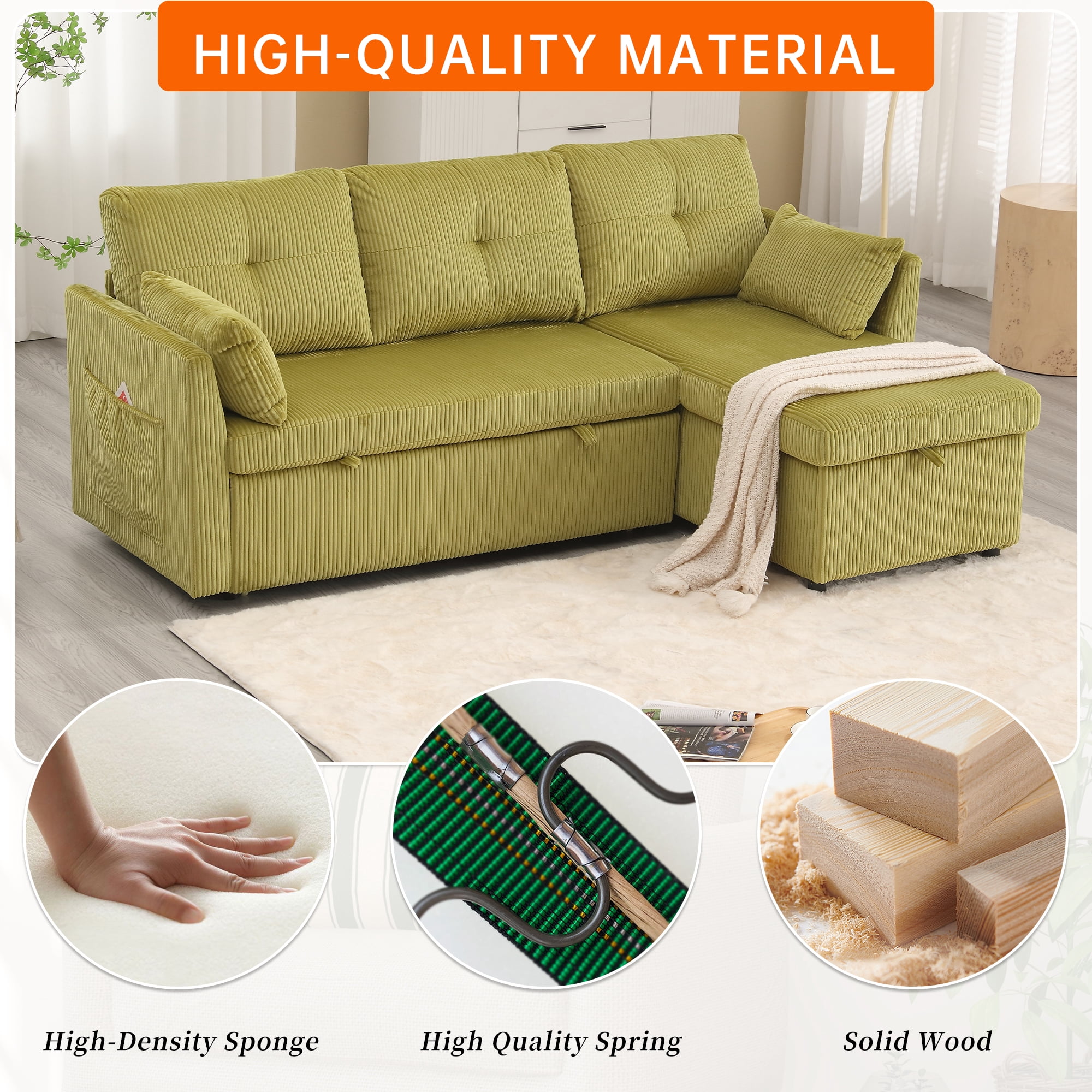 MOONMISS Corduroy Upholstered L-Shaped Storage Reversible Chaise Sectional Sofa with Side Pocket-Olive Green