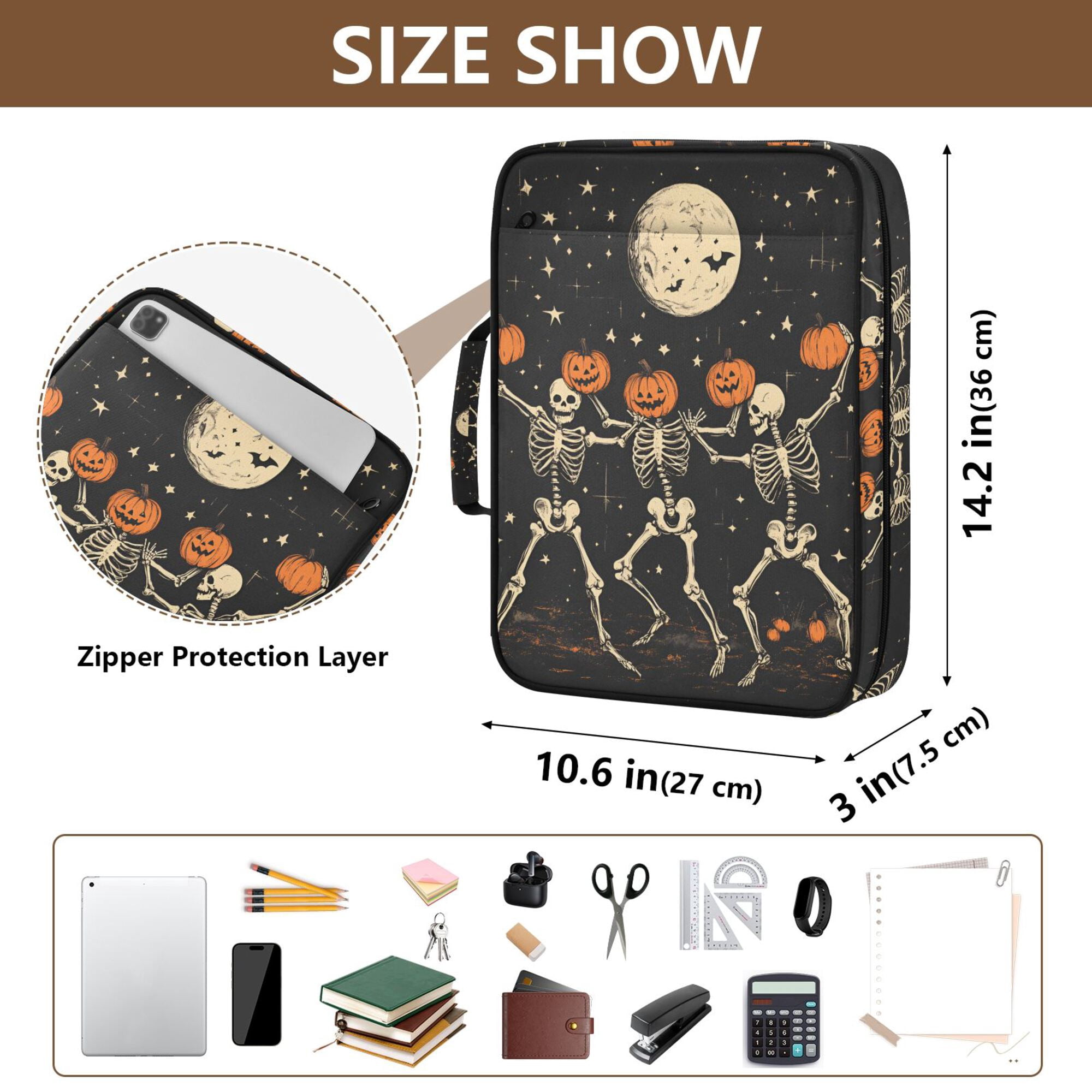 FORMRS Accordion File Folder A4 Size 7-Pocket Expanding Document Organizer Bag with 3 Ring Binder, Black Halloween Dancing Skeleton