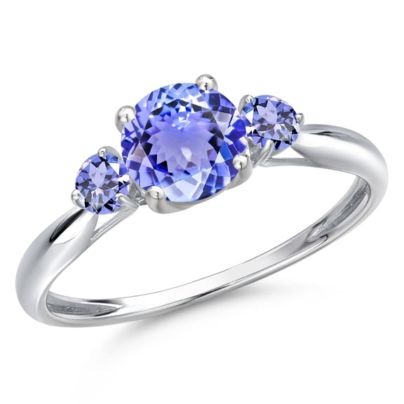 Gem Stone King 10K White Gold Blue Tanzanite 3-Stone Ring for Women | 1.20 Cttw | Round 6MM | Gemstone December Birthstone | Size 7