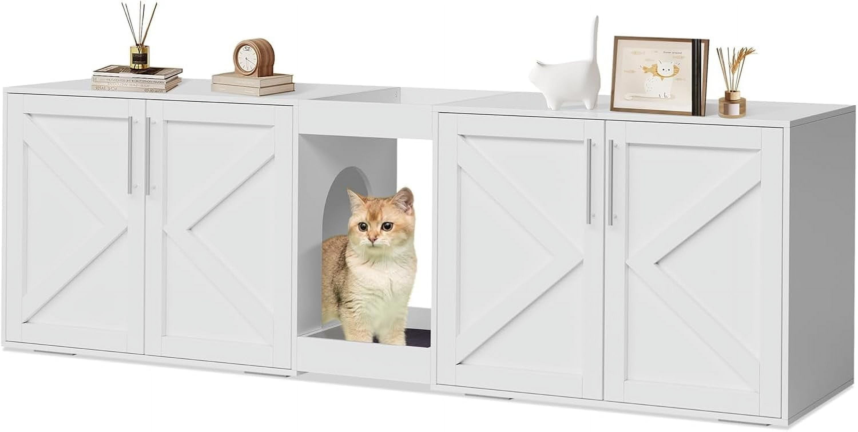 Garvee Large Cat Litter Box Enclosure 55" for 2 Cats, Hidden Cat Litter Box Cabinet Furniture with Double Room, Cushion, and Storage Shelf, Wooden Kitty Litter Box for Home, White