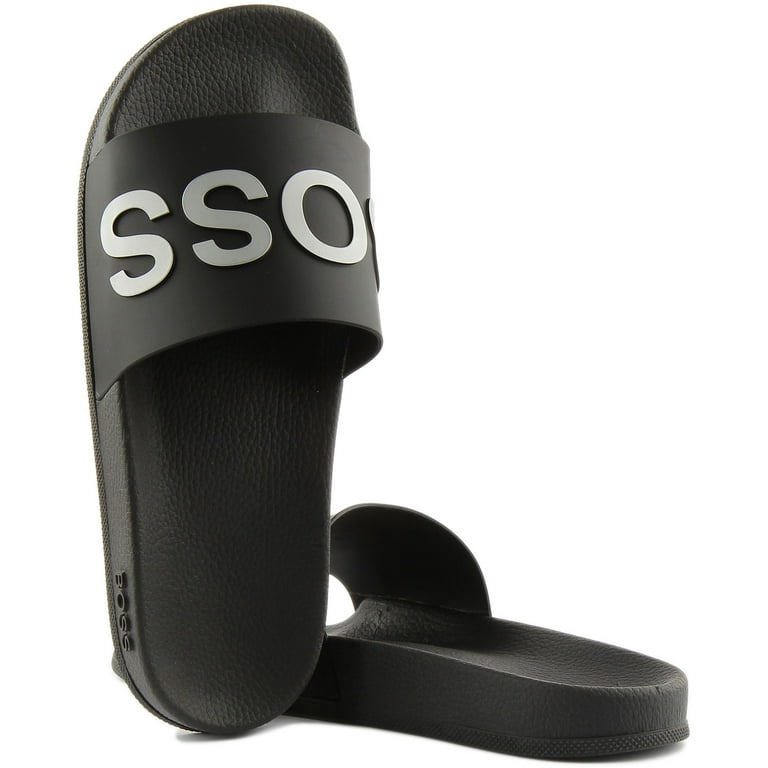 Boss Bay Men's Slip On Slide Sandals With Logo Strap In Charcoal Size - Walmart.com
