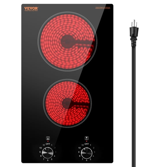 VEVOR Electric Cooktop, Built-in Electric Stove Top, with Glass Panel, Knob Control, 11 Heat Levels, for Diverse Cooking Requirements (12inch-2burner