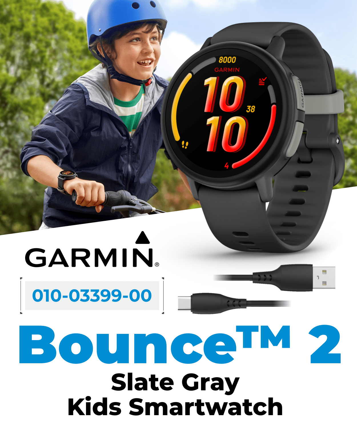 Garmin Bounce 2 Kids Smartwatch with LTE – Two-Way Calling, Text Messaging, Real-Time GPS Tracking, Swim-Friendly AMOLED Display, Music, Slate Gray w/Wearable4U White EarBuds Bundle