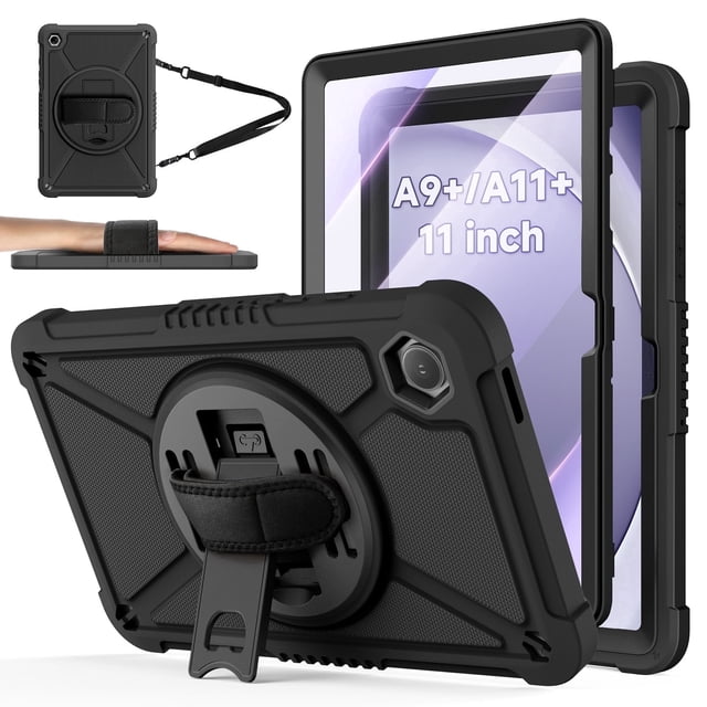 Lolsea Case for Samsung Galaxy Tab A11 Plus 11" 2025 / A9 Plus 11" 2023, Multi-Functional Cover with 360° Rotate Stand / Screen Protector / Shoulder Strap / Hand Strap, Black