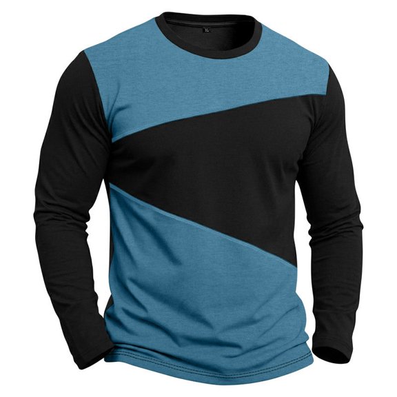 GrmtClth Mens Basic Daily Wear Spliced Color Block Crew Neck Pullover Shirts, Long Sleeve Relax Fit Everyday Leisure Tops Blue XL