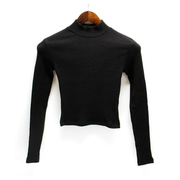Ambar Women's Mock Neck Long Sleeve Fitted Crop Top, Black,S - US