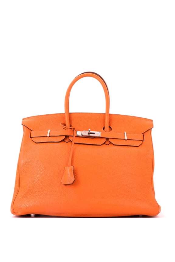 Pre-Owned Birkin Handbag Orange H Clemence with Palladium Hardware 35 By Rebag