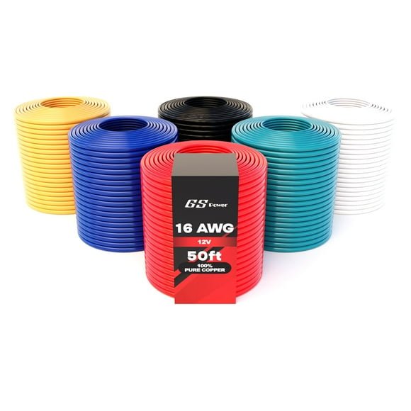 GS Power 300ft 16 Gauge Wire Oxygen Free Pure Copper Primary Wire, 50ft Roll, 6 Colors, OFC 12v 16AWG for Automotive Audio Video Electric Trailer Stereo RC Car Home Thea