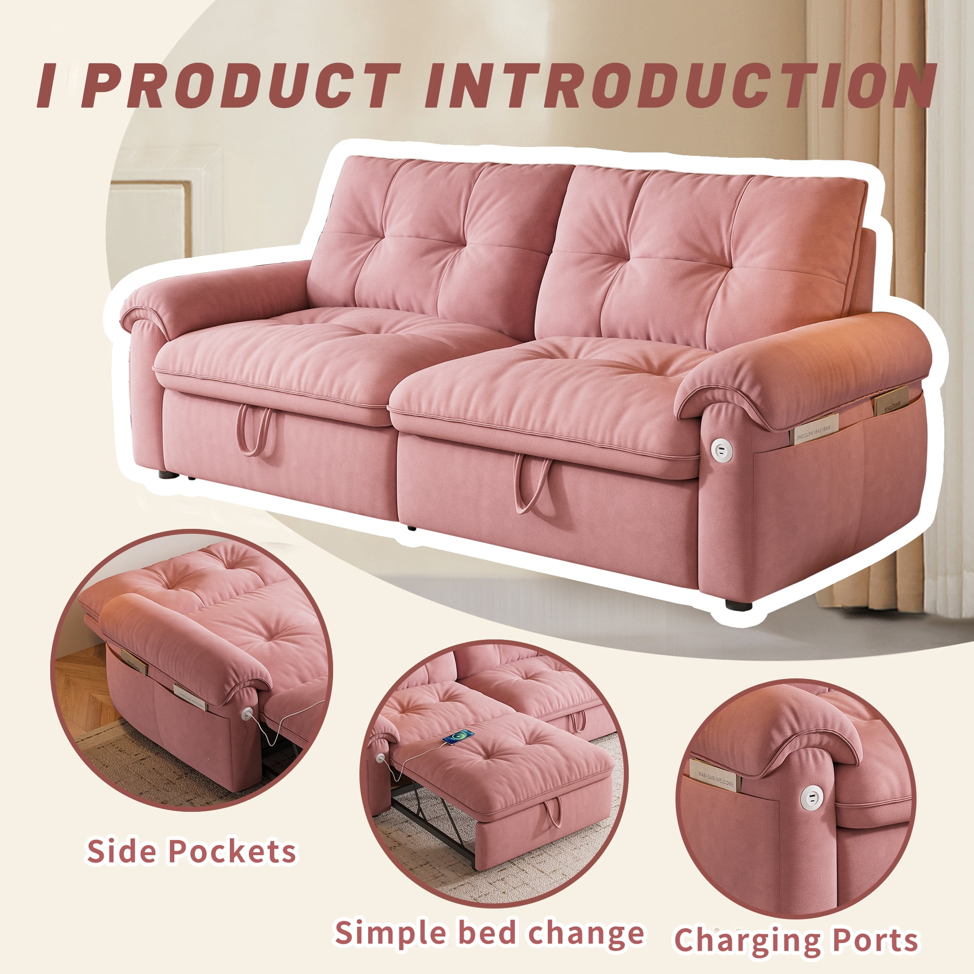 LLappuil 77" Pull Out Sofa Bed Queen Size, Loveseat Sofa Convertible Sleeper Sofa Bed, Flannelette Fabric Sofa Couch for Living Room Pink