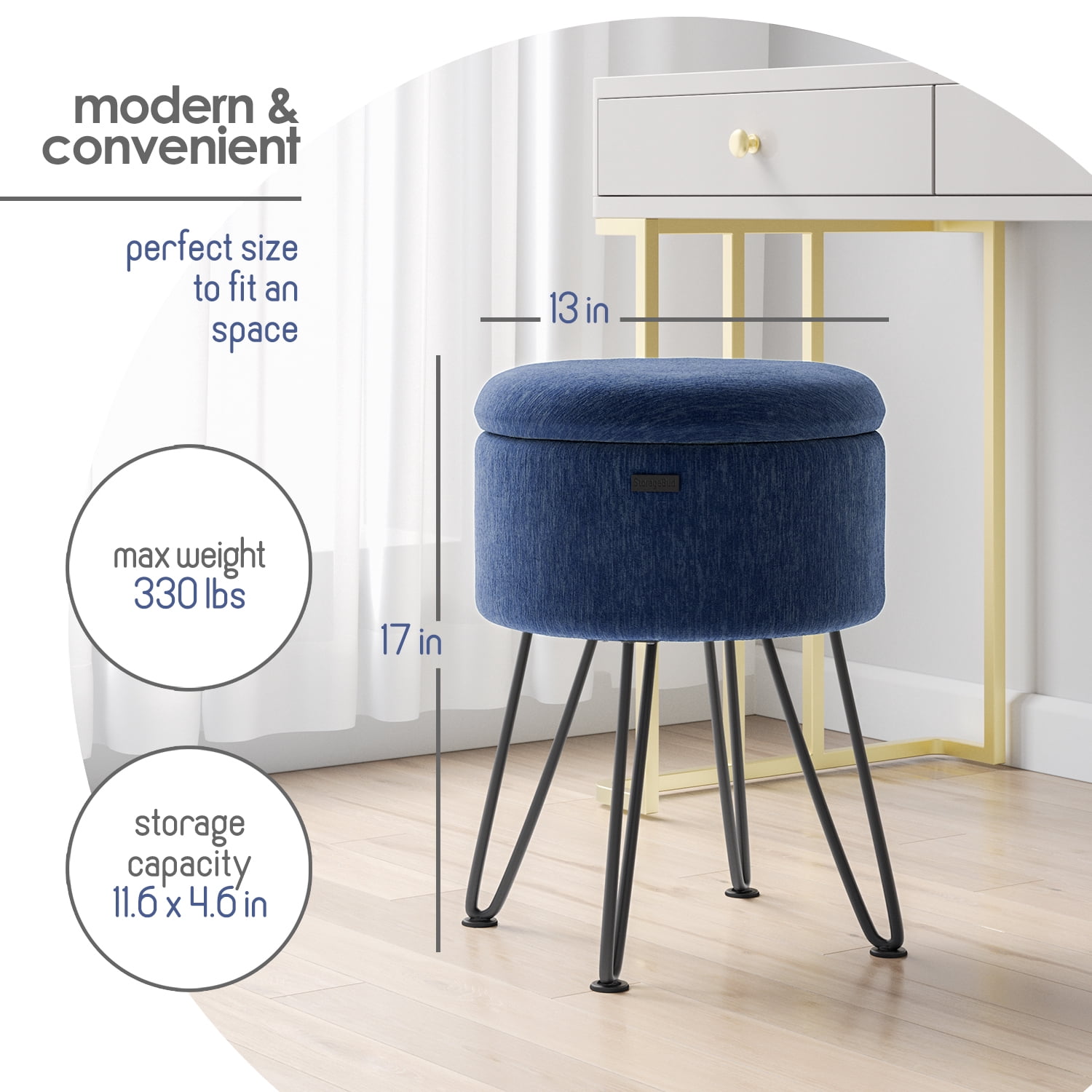 Hearth & Harbor Round Ottoman with Storage, Luxurious Foot Stool and Chic Vanity Stool with Storage, Elegant Textured Velvet Blue