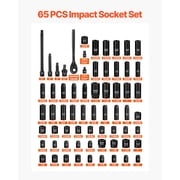 VEVOR Impact Socket Set, 1/2 Drive, 65-Piece Socket Set, 6 Point Sockets, SAE 3/8 to 1-1/4 and Metric 10-24 mm, Easy to Identify, with a Sturdy Storage Case, Cr-V Alloy Steel for Vehicles Repair