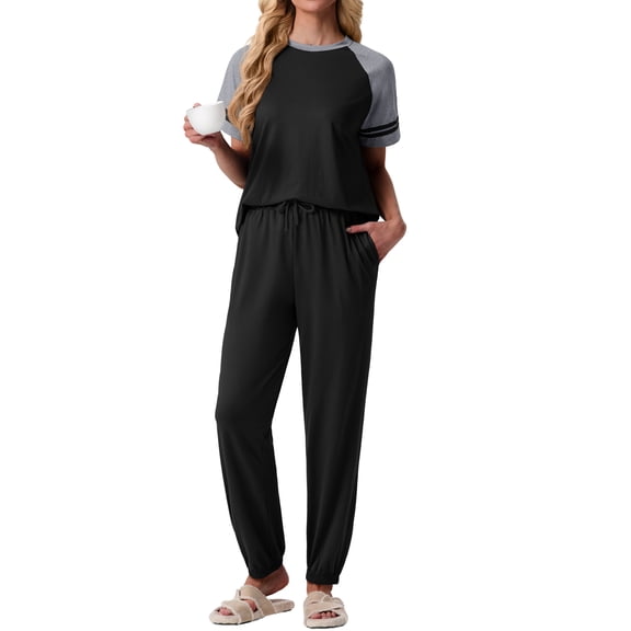 MINTREUS Lounge Sets for Women Two Piece Pajama Set Short Sleeve Pjs Joggers Long Pants Tracksuit with Pockets