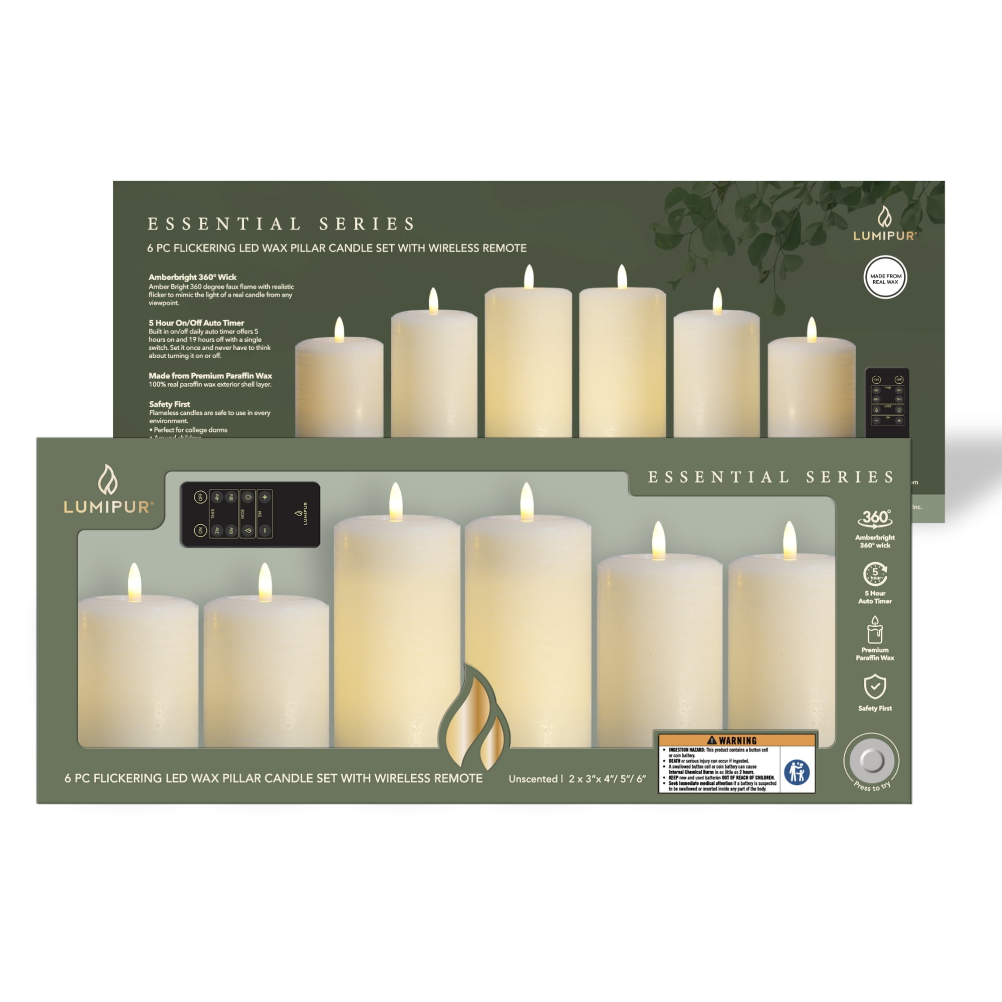 LumiPur Flameless LED Candles 6-Pack with Remote –  Winter White Wax Pillars, Battery Operated with 5-Hour Timer & Flickering Faux Flame