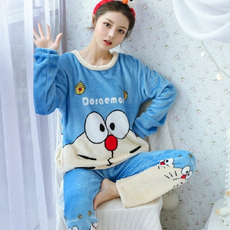 

Autumn Winter Warm Flannel Women Pyjamas Sets Thick Coral Velvet Long Sleeve Cartoon Sleepwear Thin Flannel Pajamas Set