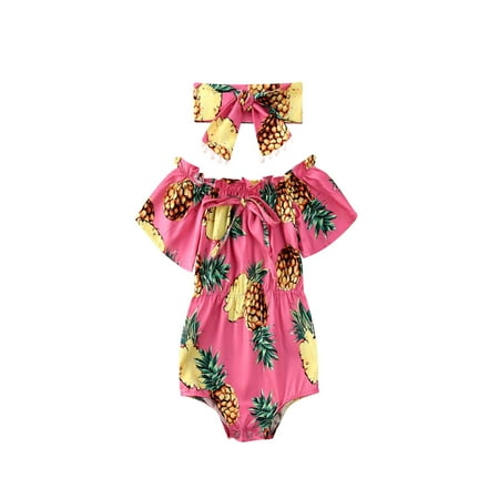 

Gureui Newborn Infant Toddler Baby Girl Sunflower Romper Sleeveless Ruffled Pineapple Print Jumpsuit + Headband 2PCS Clothes Set