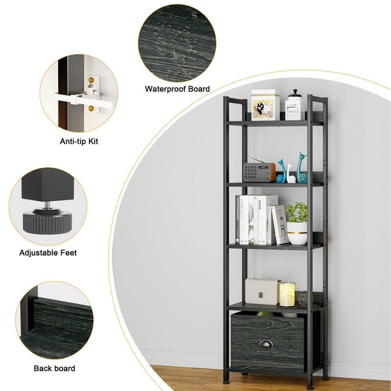 Furologee 5 Tier Bookshelf with Drawer Kitchen Bakers Rack with Storage Tall Bookcase Free Standing Display Shelf Wood Book Shelf for Bedroom