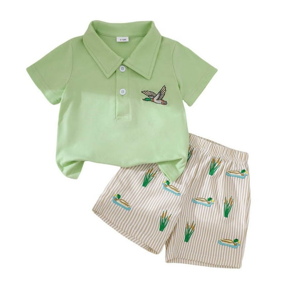Hiijoy Newborn Boys Outfits Mallard Embroidery Short Sleeve Polo Shirt Shorts Set, Sizes 6-12M