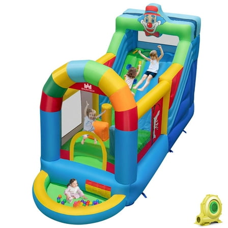 Costway Inflatable Bounce House with Climbing Surface Long Slide Obstacles with 735W blower