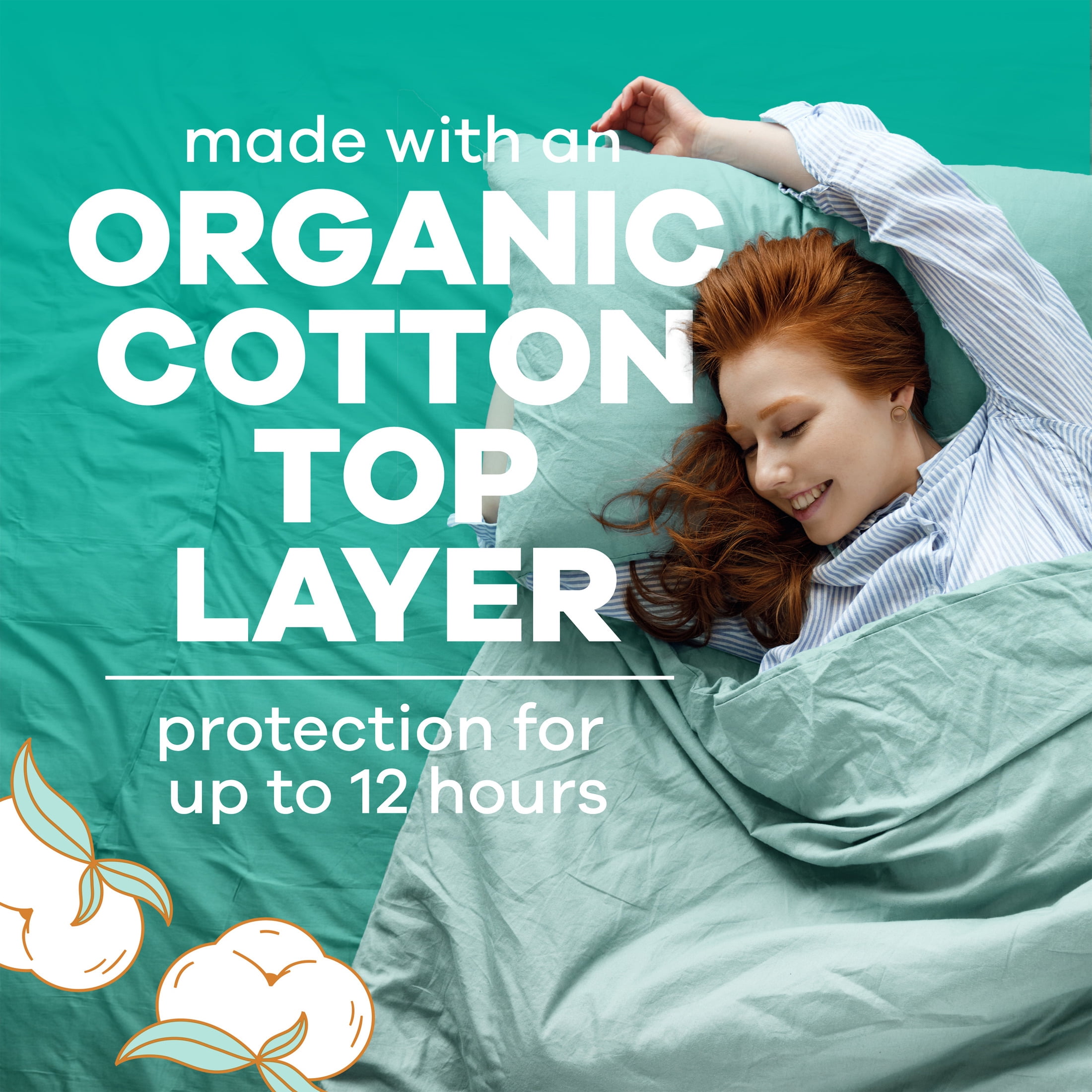 (3 pack) Always Pure Cotton Pads with Organic Top Layer, Size 4 Pads with Wings, Overnight, Heavy Absorbency, 20 Count