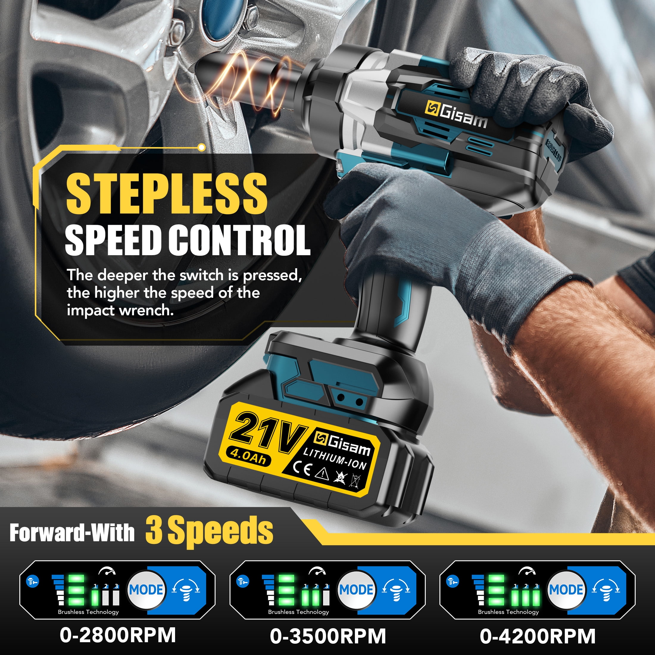 Gisam 1500N.m(1106 ft-lbs) Cordless Brushless Impact Wrench,1/2 inch Impact Gun with 2x4.0Ah Batteries & 6 Sockets Accessories ,Pistola De Impacto for Home Car Truck Tire