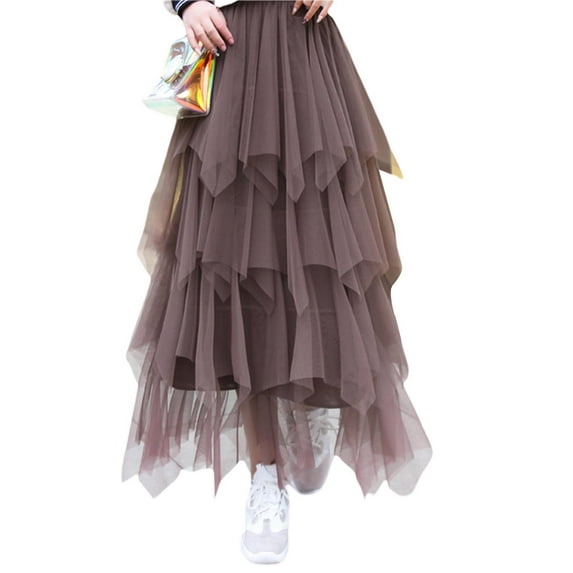 Seyurigaoka Women's Tulle A-Line Mesh Skirt Elastic High Waist Solid Color Ruffled Mid-Length Cake Skirt for Party Club