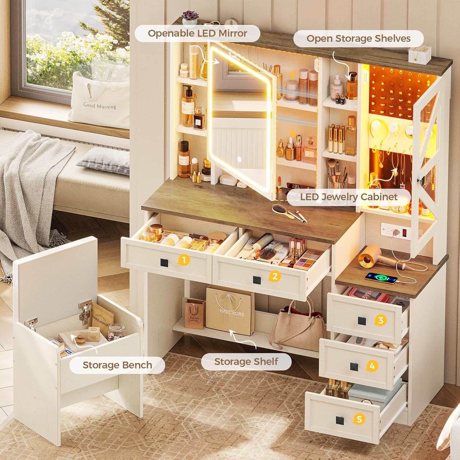 Farmhouse Vanity Desk with Mirror and Lights, Makeup Vanity Set with Lights & Jewelry Cabinet & 5 Drawers, Vanity Table with Charging Station, Hidden Storage Space for Bedroom, Antique White