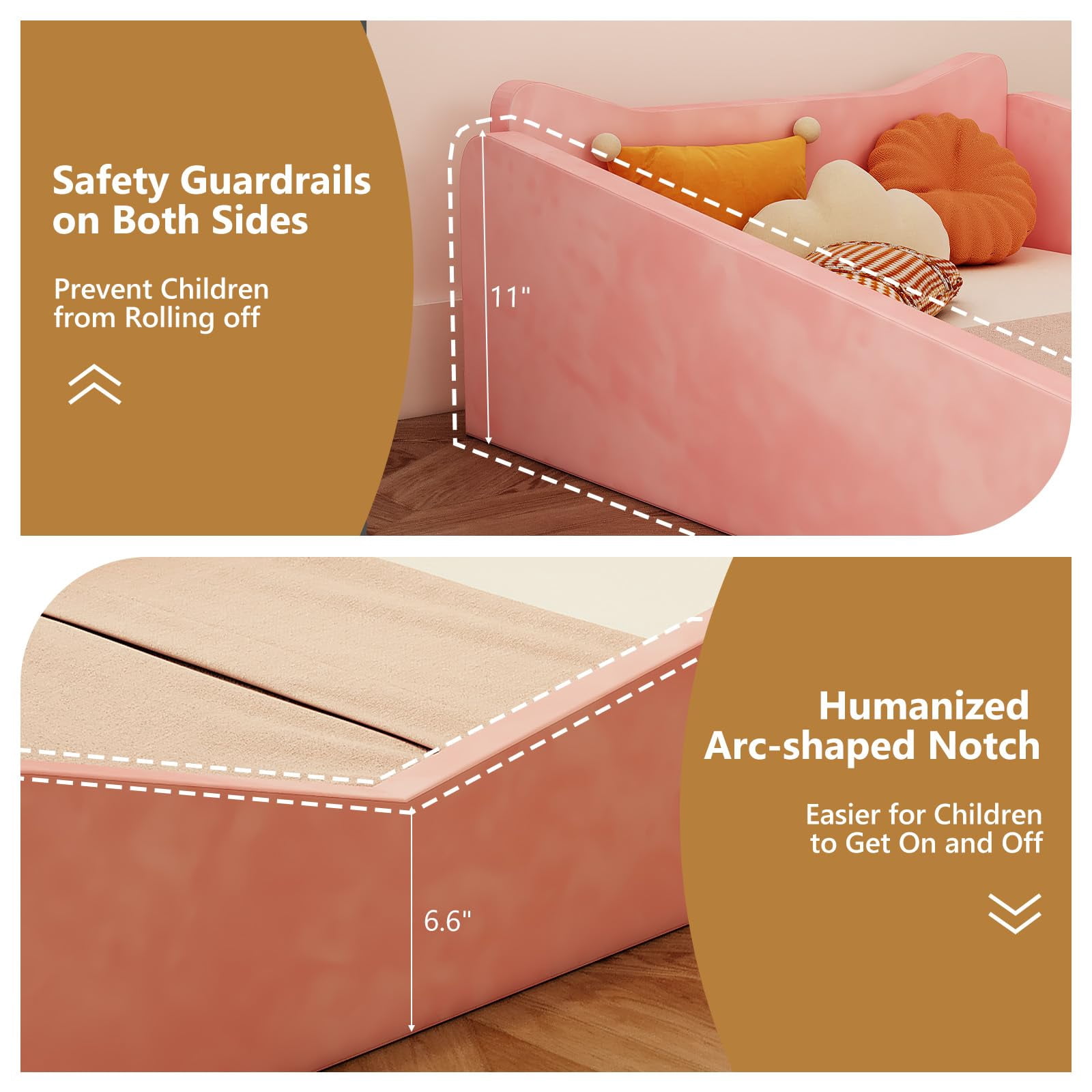 Zimtown Wood Bed, Floor Bed with Safety Guadrail, Montessori Bed with Soft Velvet Wood Bed, Mattress not Included (Pink)
