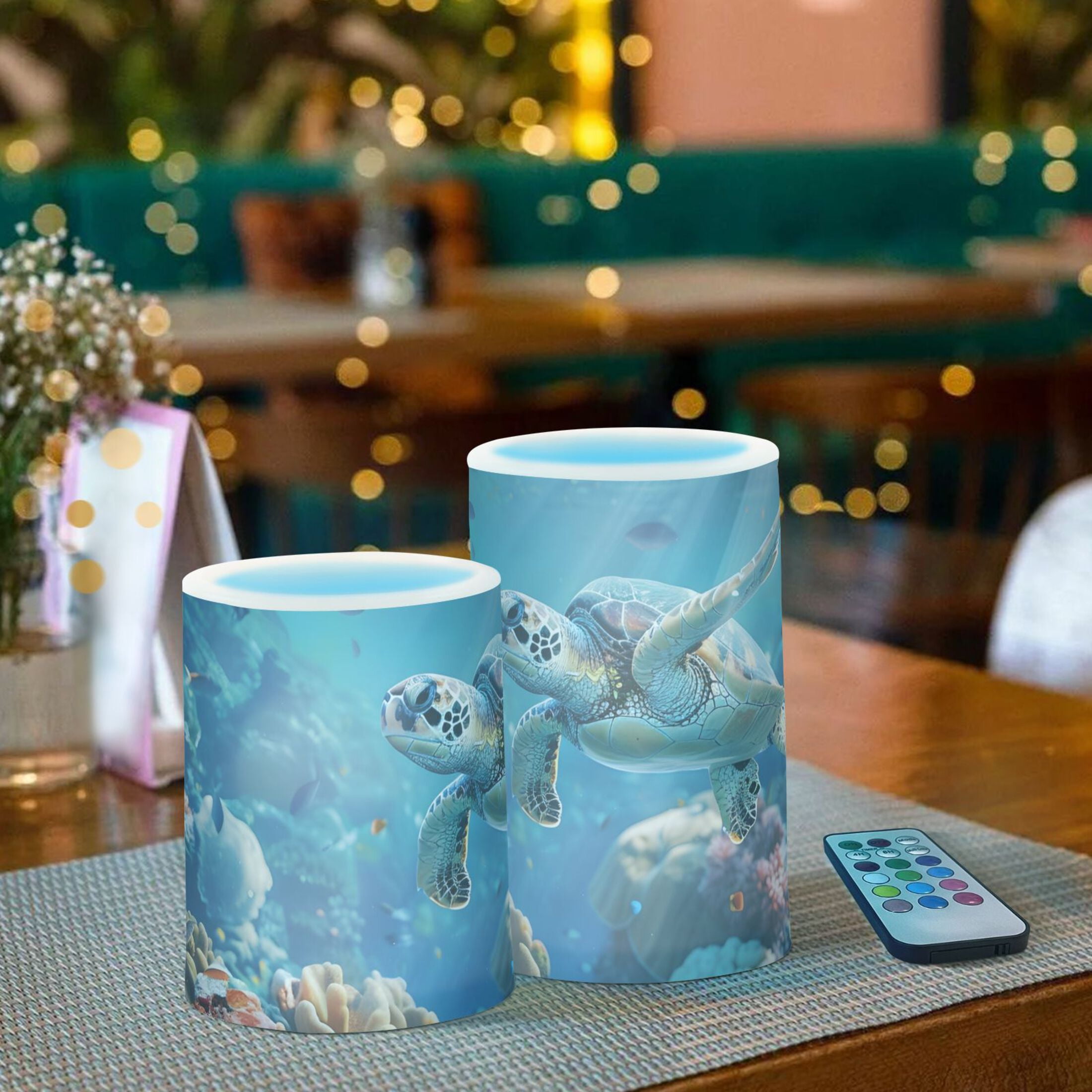Sea Turtle Beautiful Corals Flickering Flameless Candles LED Tealight Battery Operated with Remote Set of 2 Holiday Decor Ornaments