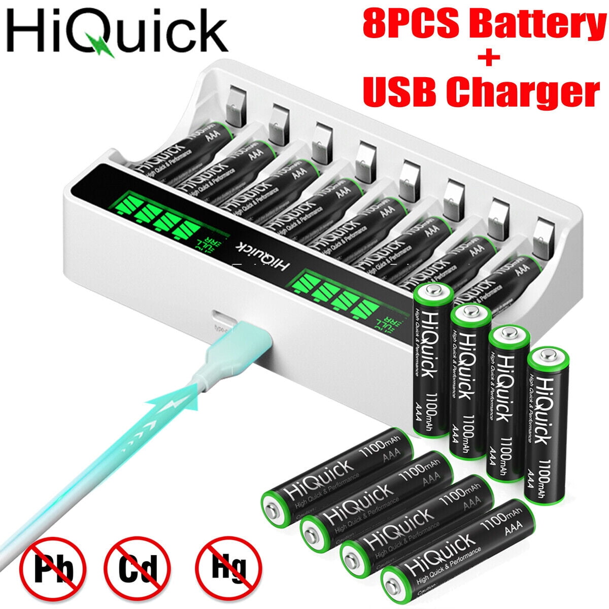 HiQuick Rechargeable AA Batteries 2800mAh 1.2V NiMH 8 Counts with 8 Bay AA AAA Battery Charger