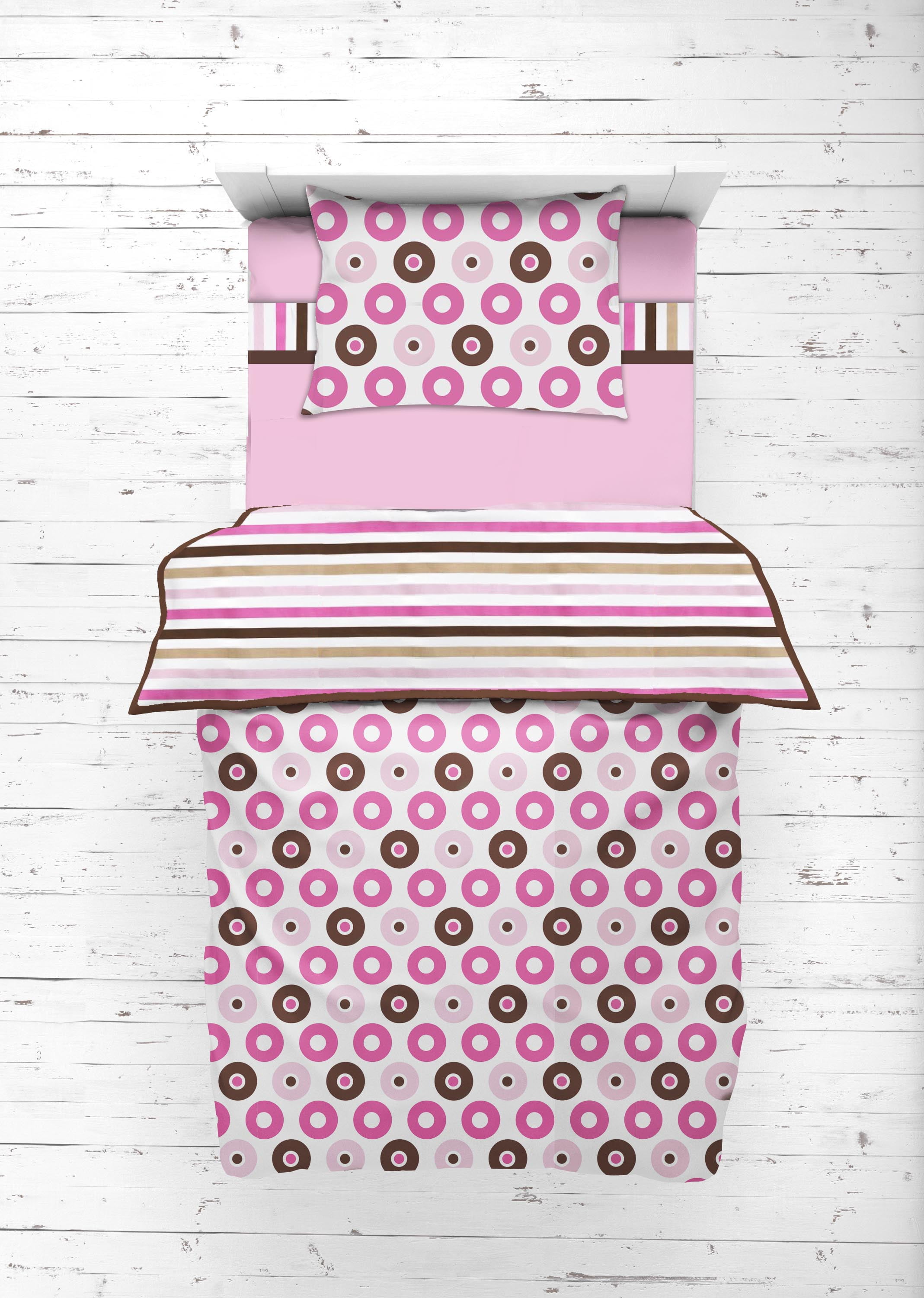Bacati - Girls 4 pc Toddler Bedding/3 pc Sheet Set 100% Cotton Percale, Mod Dots/Stripes, Pink/Fuchsia/Beige/Brown