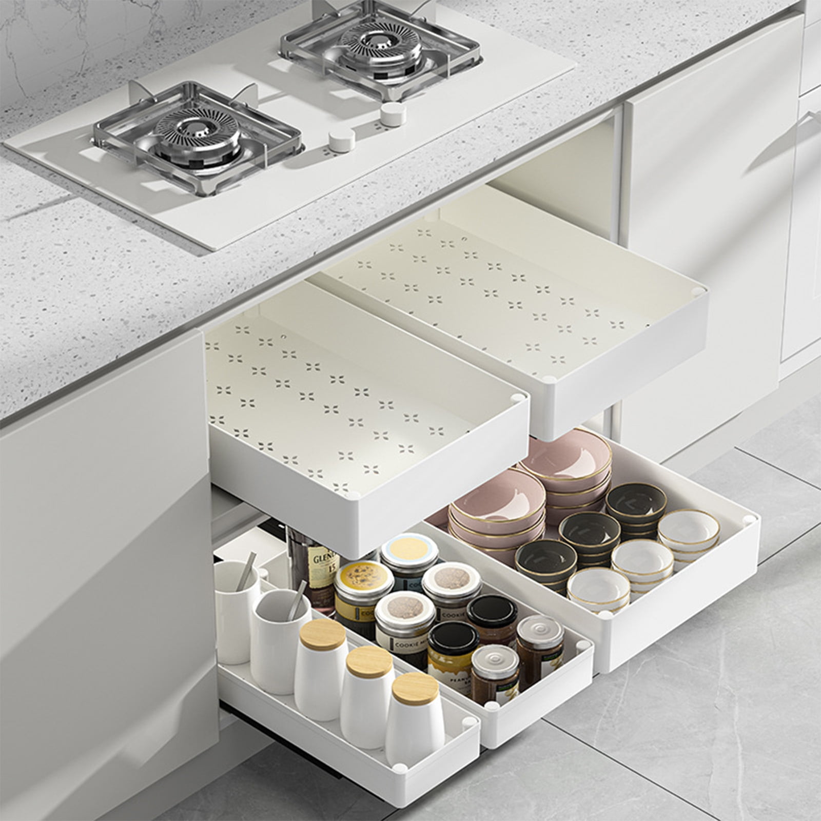 3PCS Pull Out Cabinet Organizer Adhesive with Nano Film,Slide Out Drawers Adhesive Heavy Duty Storage Drawer Shelf with 3PCS Divider Racks for Kitchen Pantry Bathroom Home