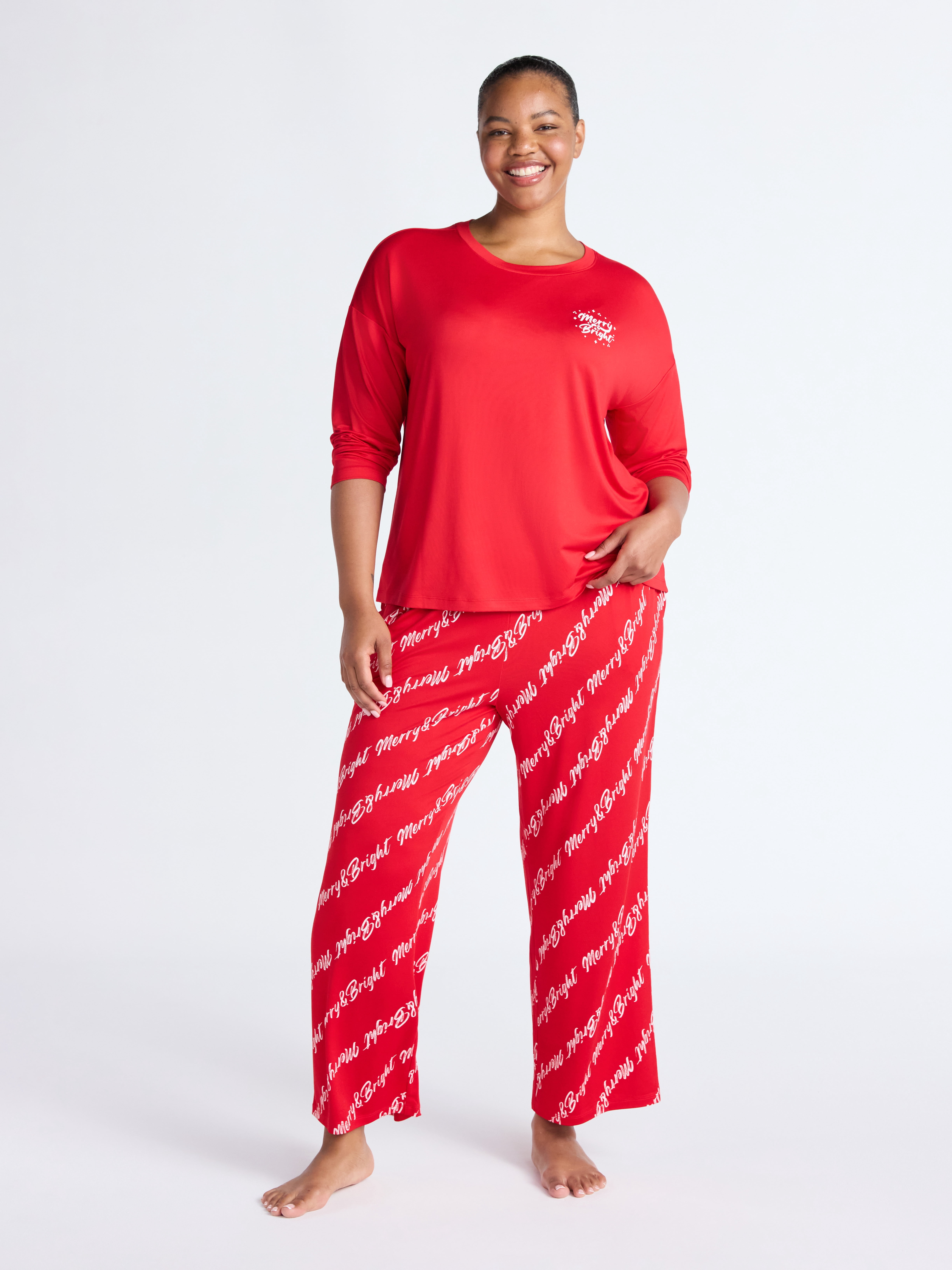 Joyspun Women's Dreamy Soft Collection Long Sleeve Sleep Top and Straight Leg Pants Pajama Set, 2-Piece, Sizes XS-3X