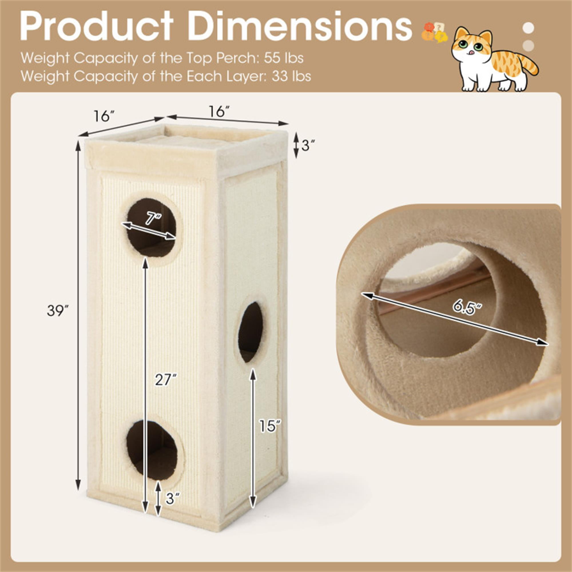 Kadyn 39" Indoor Cat Cave Bed, Cat House Scratcher Furniture, Cat Condo with Scratching Posts, 3 Hideaways, 4 Soft Plush Cushions, Beige