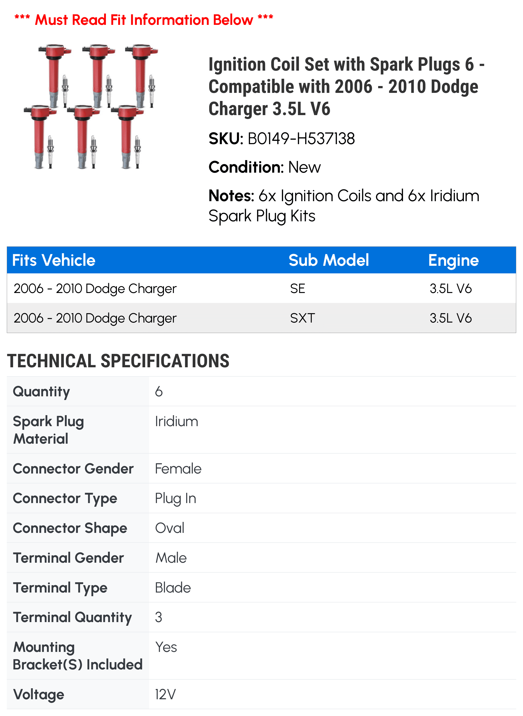 Ignition Coil Set with Spark Plugs 6 - Compatible with 2006 - 2010 Dodge Charger 3.5L V6 - Autopart Premium
