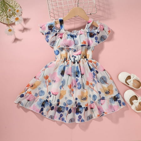

THE WILD Girls Dresses Fashion Ruffled Hemline Flowers Print Square Neck Sleeveless Midi Prom Dress Light Blue