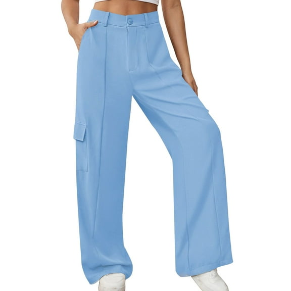 Dpytoraw Women High Waisted Wide Leg Cargo Pants Button Down Loose Casual Trendy Work Trousers With 4 Pockets Women's Casual Cargo Pants With Elastic Waist Blue L
