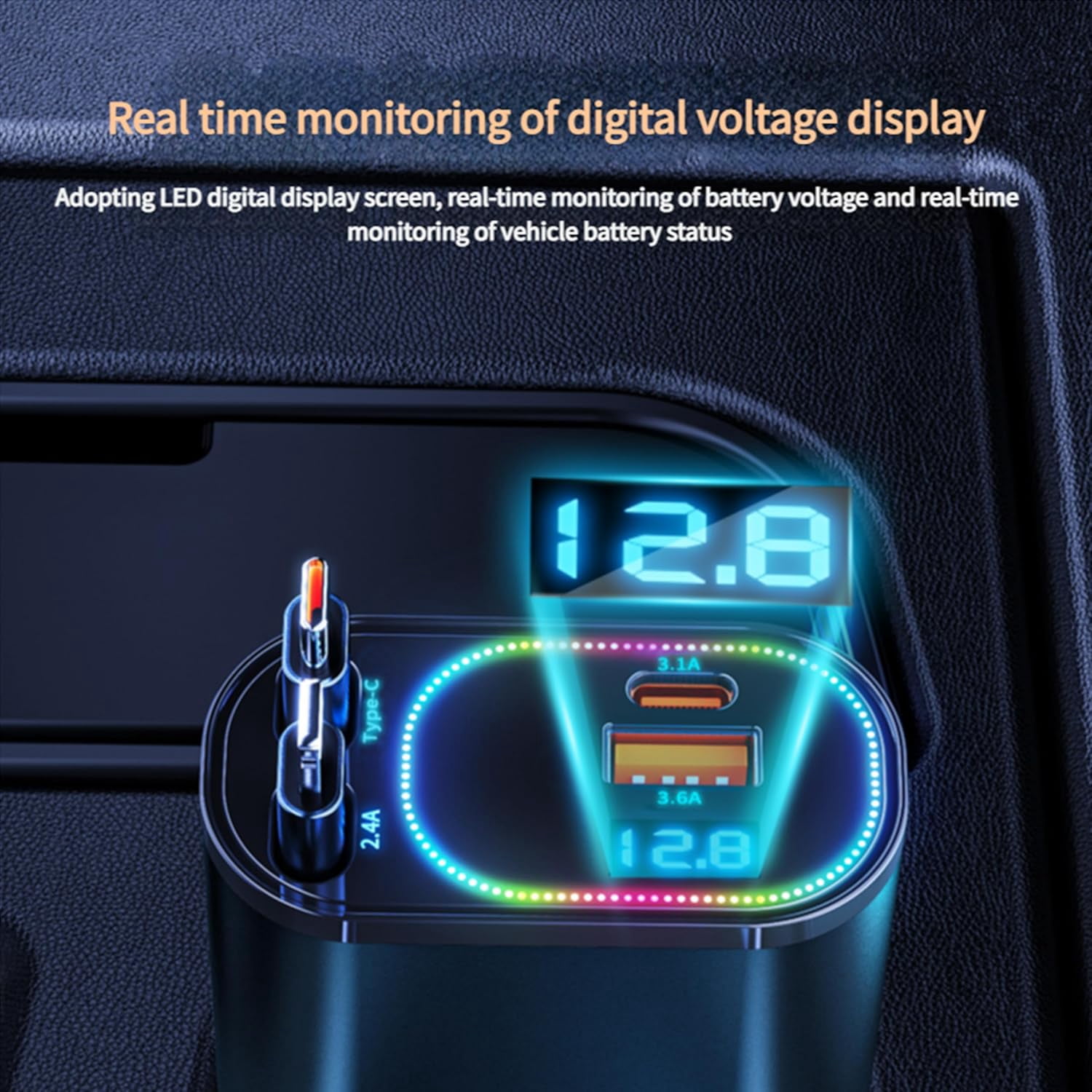 Retractable Fast Car Charger, 240W Car Charger with LED Display, 4-Port Fast Charging, USB PD & QC Compatible, 35.4inch Cable, Car Accessories for Phones/Tablets/Car Recorders (Black)
