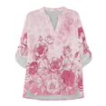 thumbnail image 3 of FKELYI Pink Rose Flower Leopard Print Faux Linen Shirts Women's V-Neck Blouses Breathable Roll Up Sleeve Shirts Summer Beach Top 3/4 Sleeve Vacation Outfits, S, 3 of 5