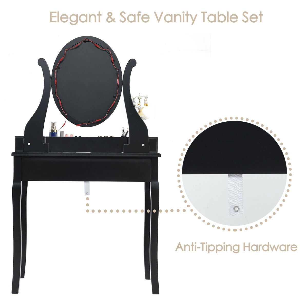 Gymax Vanity Table Set Makeup Dressing Table with10 Light Bulbs and Touch Switch, Black