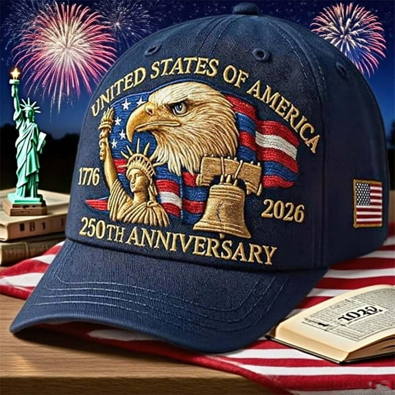 United States 250 Years Embroidered Anniversary Hat, Adjustable Retro Washed Patriotic Baseball Cap, Tribute Commemorative Cap, Blue