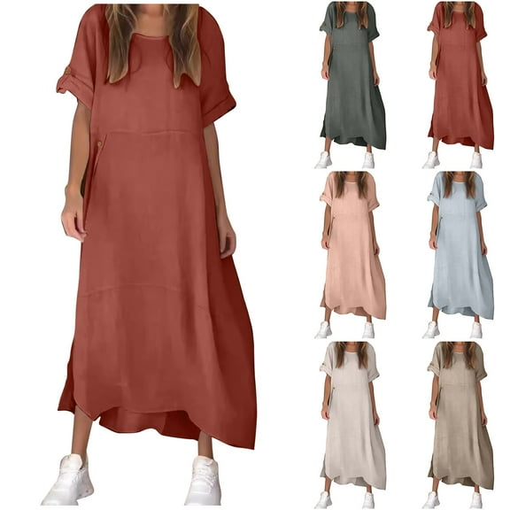 Kmdttou Women's Short Sleeve Loose Plain Dresses Women's Loose Casual Solid Color Short Sleeved Reversible Linen Dress