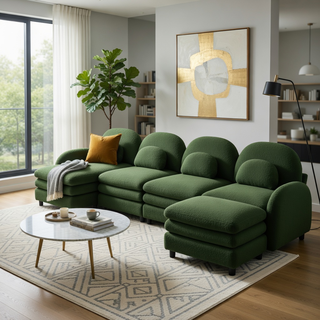 Hommoo Teddy Fleece 4-Seat Modular Sectional Sofa, Cloud-Like Double-Layer Cushion, Curved Backrest & Armrest, Movable Ottoman, Easy Assembly, Green