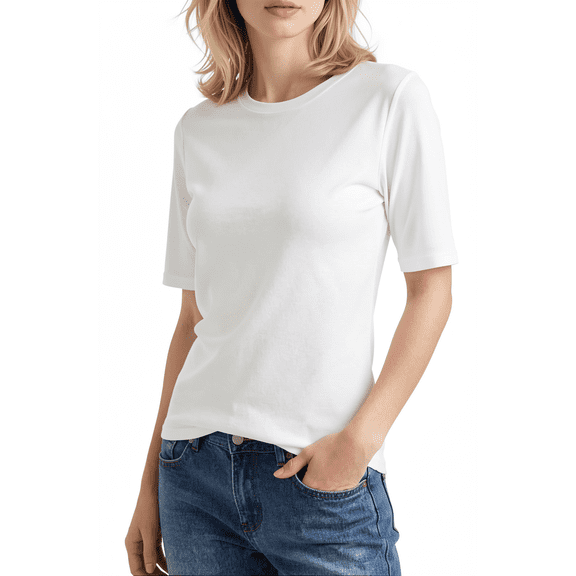Womens Loose Fit Crew Neck Basic T-Shirt Elbow Sleeve Solid Tee White,Size XL